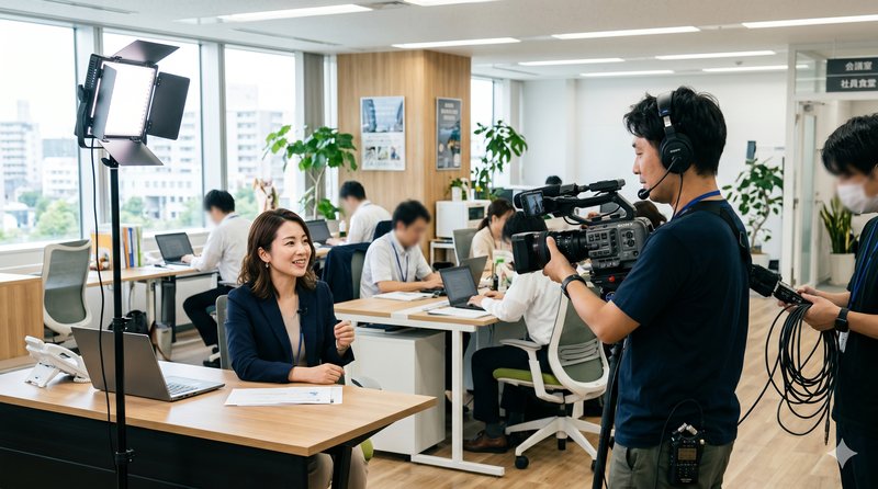オフィスで採用動画を撮影しているイメージ